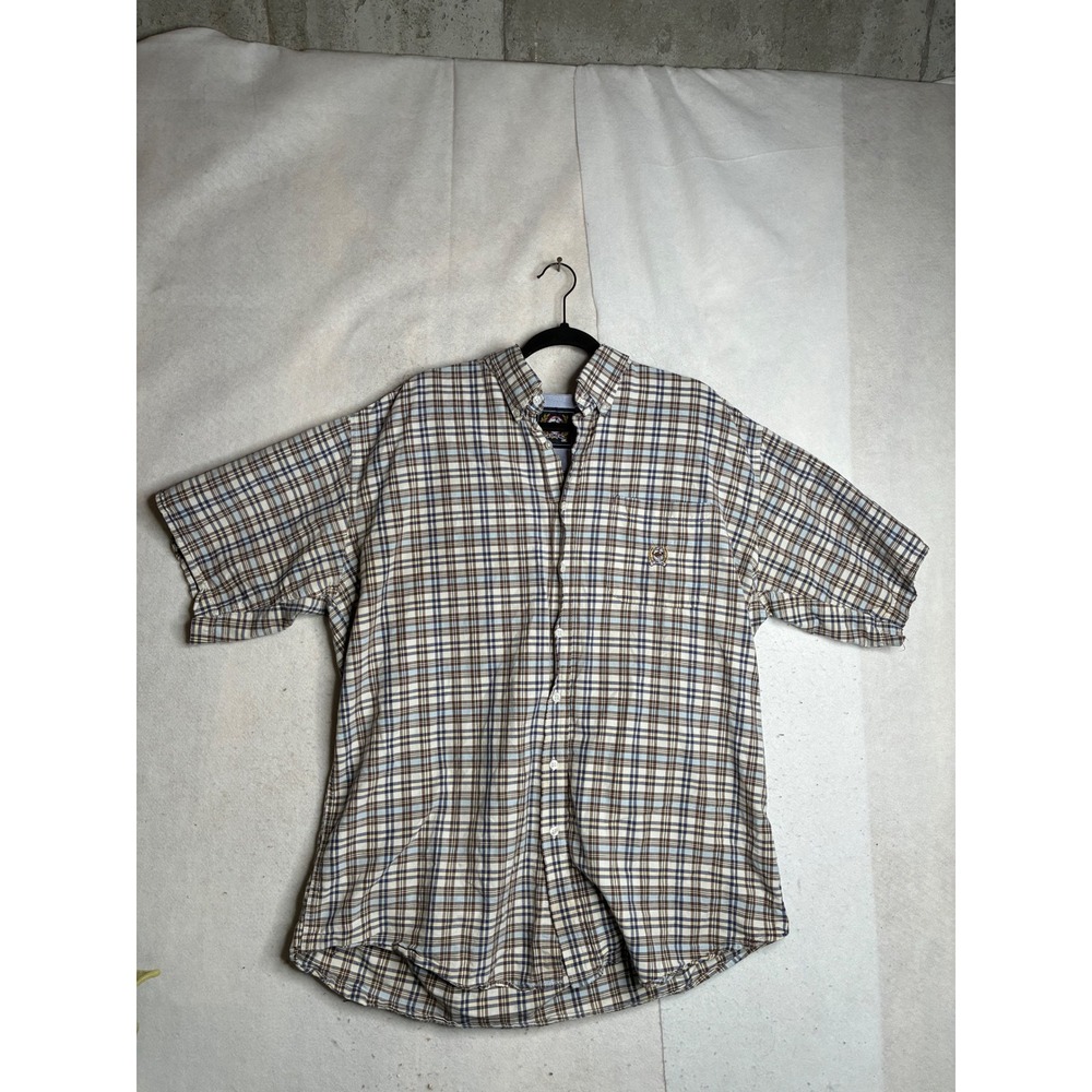 Cinch Mens XL Short Sleeve Button Down Plaid Shirt Blue Brown Cotton Western